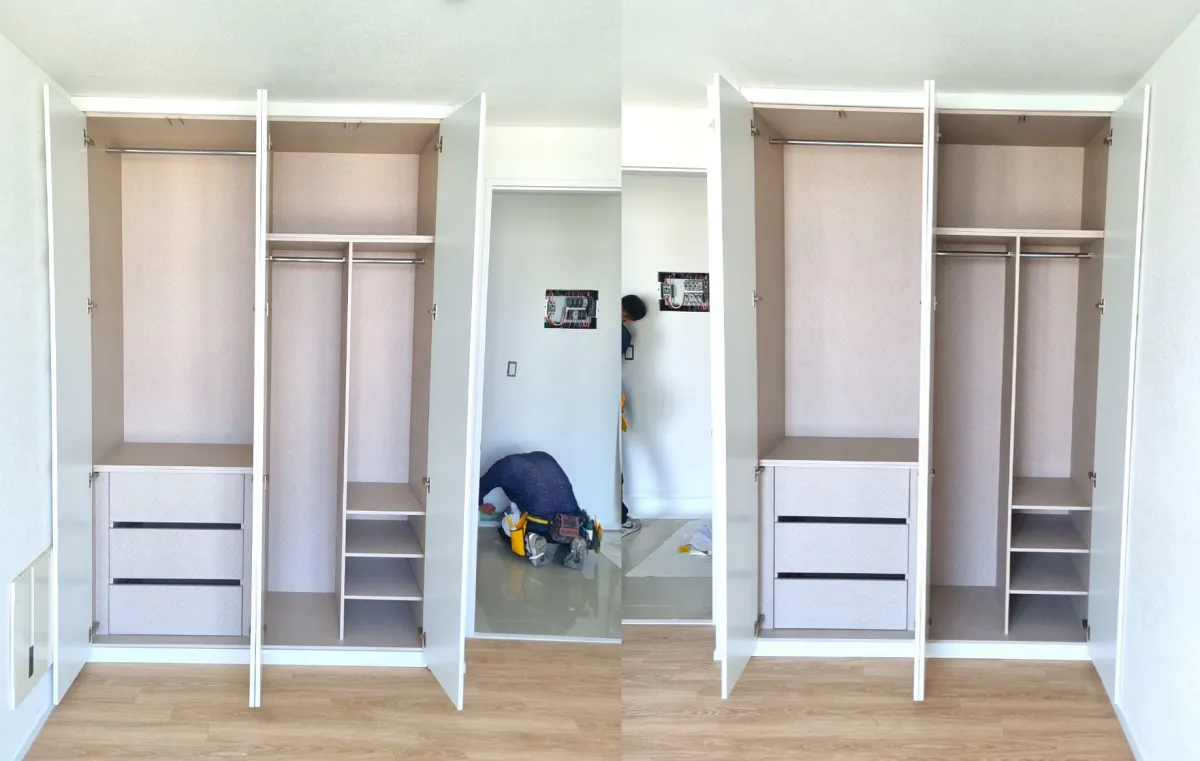 판교 붙박이장 내부 구성 — 옷걸이 봉, 서랍, 선반